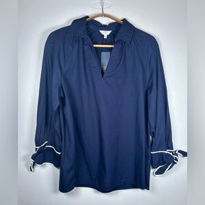 Crown & Ivy Navy Blue 3/4 Sleeve V Neck Pullover Blouse w/ White Trim Tie Sleeve